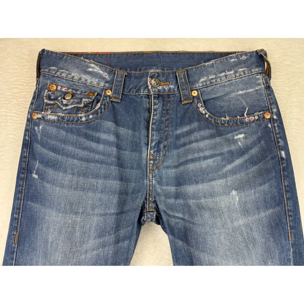 True Religion Mens 33x33 Jeans Grungy Distressed Blue Faded Denim